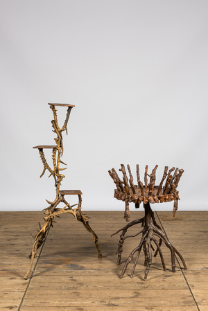 A horn plant stand and a wooden jardinière, 20th C.