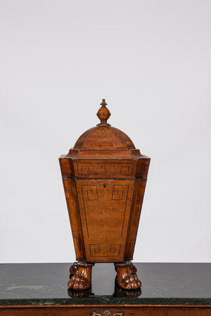 An English George III octagonal mahogany cutlery box on lion paw feet, early 19th C.