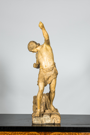 Sculpture en plâtre patiné d'un jeune homme sur un radeau, 20ème