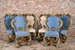 Six chaises de style baroque en bois polychrome à décor de fruits et soie,  Italie, 19ème