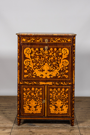 A Dutch floral marquetry 'secrétaire à abattant' with marble top, 19th C.