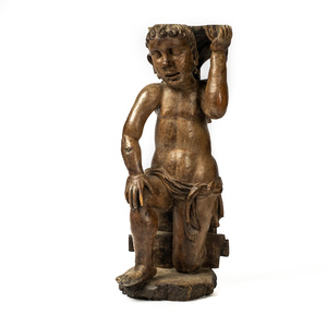 Een houten atlant in de vorm van een knielende knaap, 17e eeuw