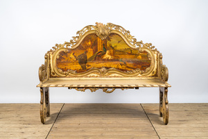 Banc en bois polychrome et doré à décor de volailles dans un paysage, Italie, 19ème