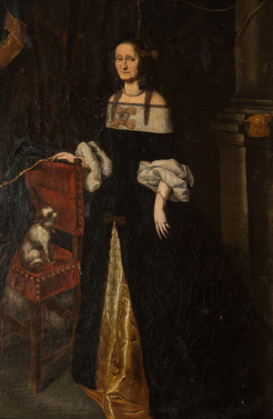 Jürgen Ovens (1623-1678), toegeschreven aan: 'Dame met Nachtvlinderhondje', olie op doek