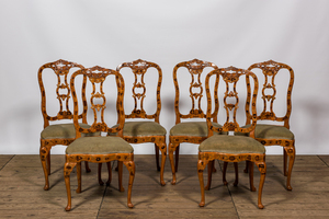 Six Dutch fruitwooden floral marquetry chairs, 19th C.