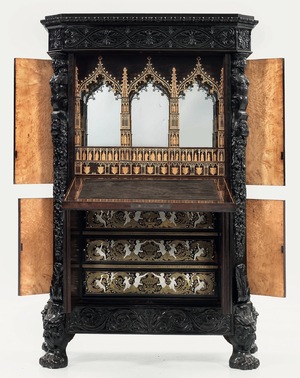 Cabinet exceptionnel de style néo-gothique en bois incrusté, atelier inconnu dans la région de Gand, Flandres, 19ème