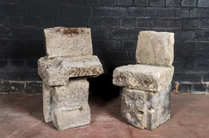 Two garden seats composed of old architectural stone fragments, 15th C. and later