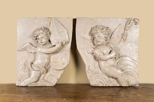 Two French patinated wooden reliefs with putti wearing cardinal attributes, 17/18th C.