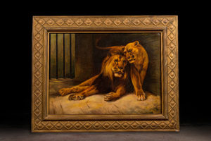 Ecole européenne: Lion et lionne, huile sur toile, 20ème