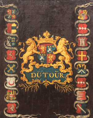 Toile peinte figurant les armoiries de Dutour entourées d'armoiries alliées, 18ème