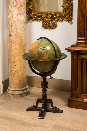 A large American terrestrial library globe with walnut stand, Williams-Pridham/ W & A.K. Johnston Ltd., early 20th C.