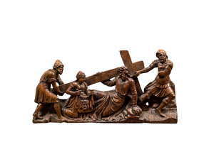 A Flemish carved oak retable fragment depicting the 'Road to Calvary with Saint Veronica', 16th C.