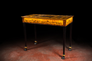 A large Russian walnut and maplewood veneered Biedermeier console table with mainly equestrian scenes and inscribed 'Bogoslowsk', 19th C.